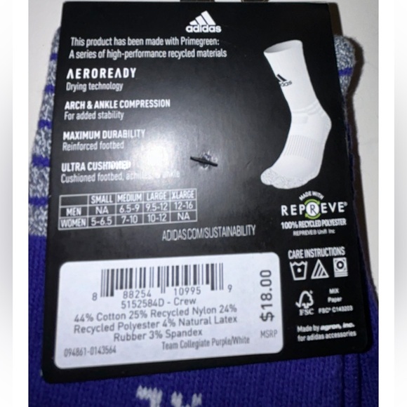 Adidas 5 Star Team Crew Socks 1 Pair Men 12-16 Purple w White Logo Cushioned NEW - Picture 4 of 10
